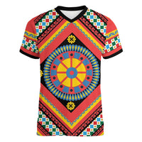 Sicily Italy Carretto Siciliano Women V-Neck T-Shirt Red Sicilian Cart Wheel Pattern