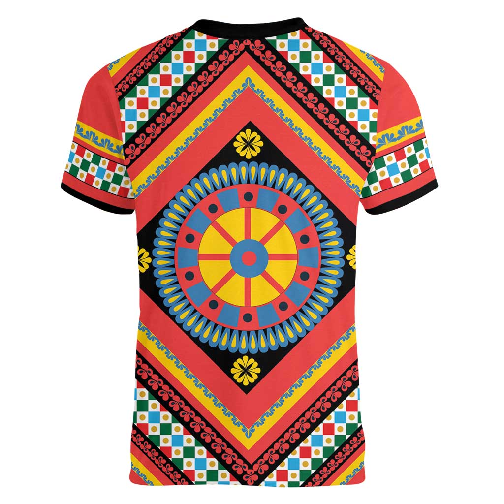 Sicily Italy Carretto Siciliano Women V-Neck T-Shirt Red Sicilian Cart Wheel Pattern
