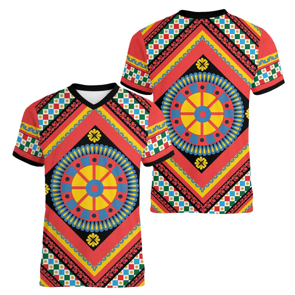 Sicily Italy Carretto Siciliano Women V-Neck T-Shirt Red Sicilian Cart Wheel Pattern