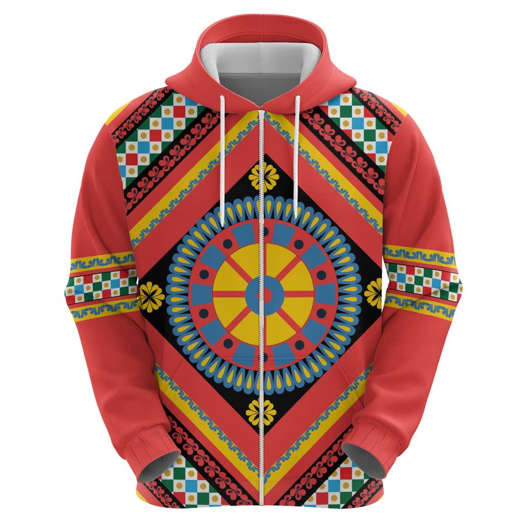 Sicily Italy Carretto Siciliano Zip Hoodie Red Sicilian Cart Wheel Pattern