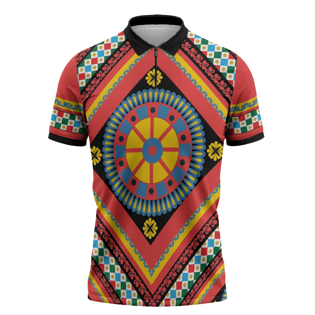 Sicily Italy Carretto Siciliano Zipper Polo Shirt Red Sicilian Cart Wheel Pattern