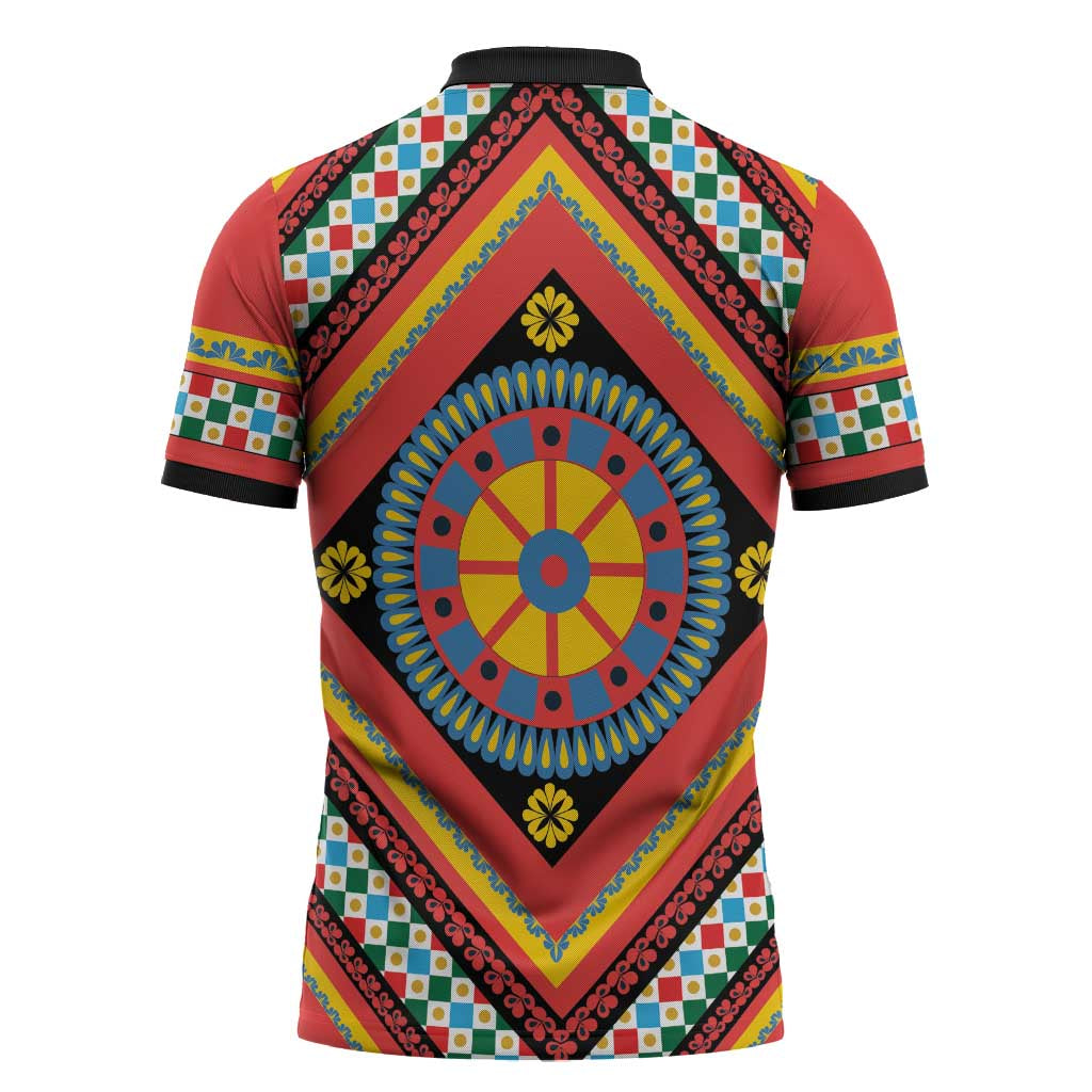 Sicily Italy Carretto Siciliano Zipper Polo Shirt Red Sicilian Cart Wheel Pattern