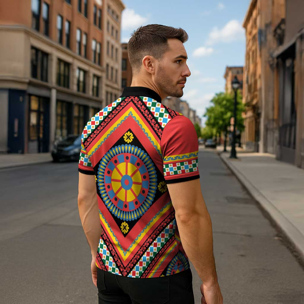 Sicily Italy Carretto Siciliano Zipper Polo Shirt Red Sicilian Cart Wheel Pattern