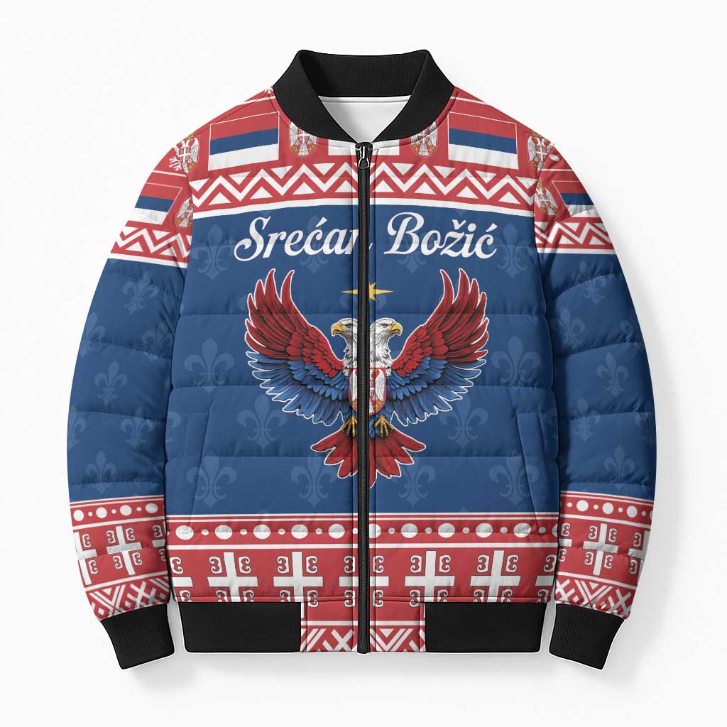 Personalized Serbia Christmas Eagle Bomber Puffer Jacket Srecan Bozic Tee - Wonder Print Shop