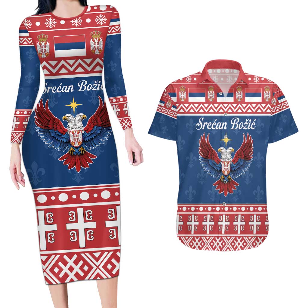 Personalized Serbia Christmas Eagle Couples Matching Long Sleeve Bodycon Dress and Hawaiian Shirt Srecan Bozic Tee - Wonder Print Shop