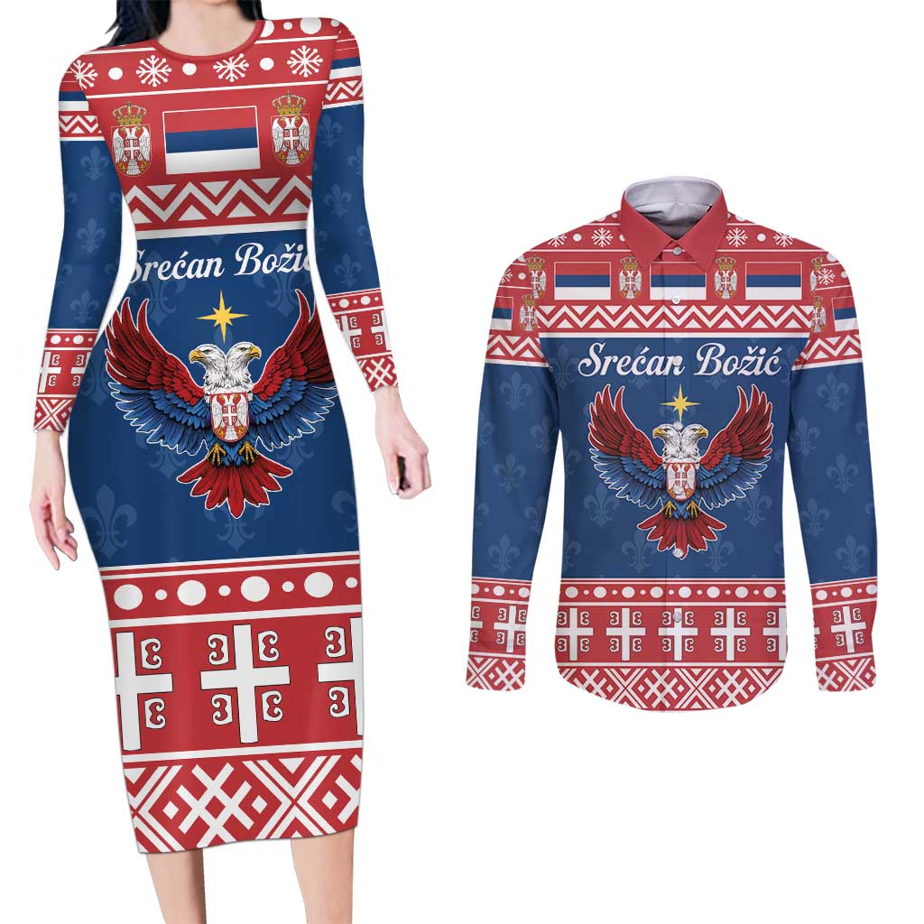 Personalized Serbia Christmas Eagle Couples Matching Long Sleeve Bodycon Dress and Long Sleeve Button Shirt Srecan Bozic Tee - Wonder Print Shop