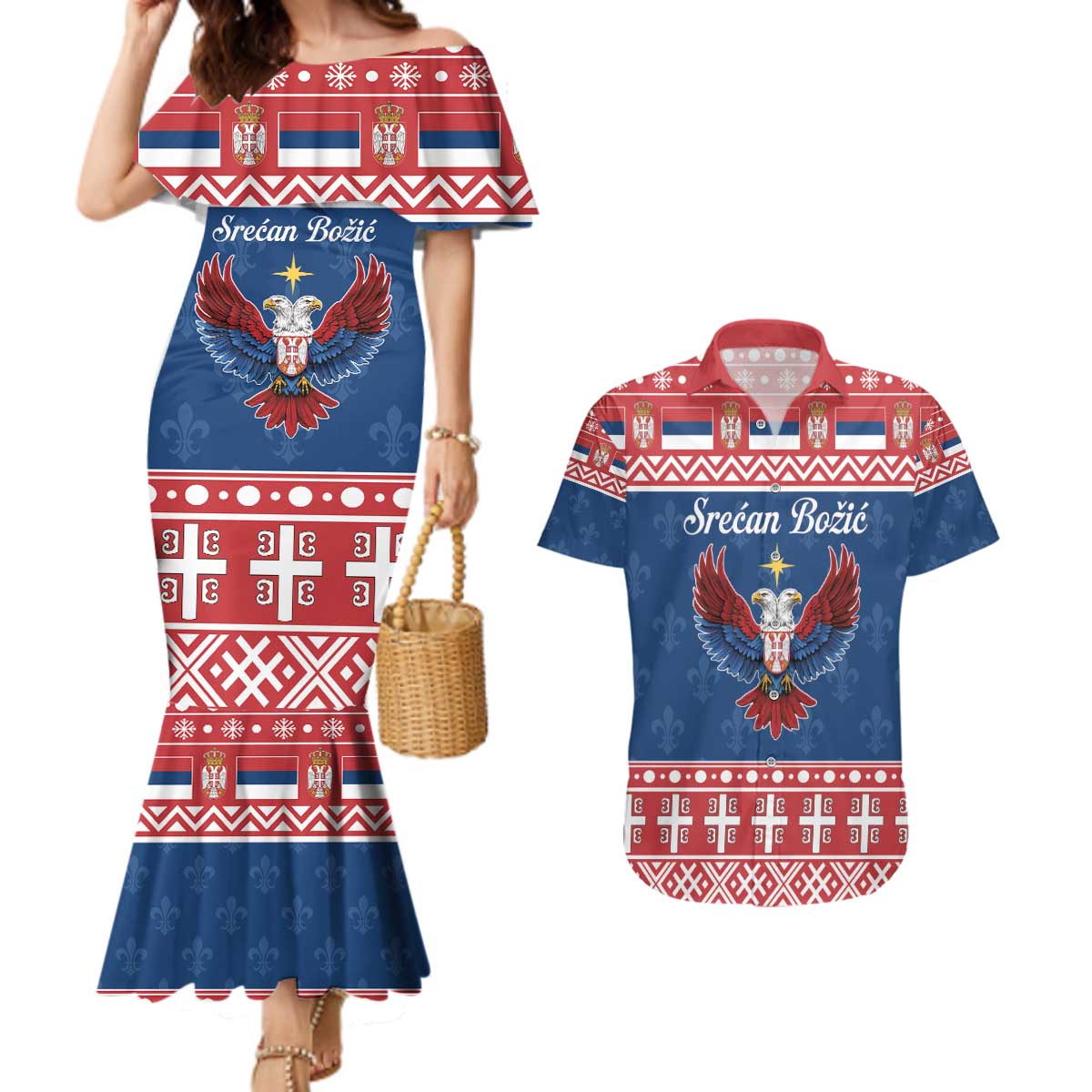 Personalized Serbia Christmas Eagle Couples Matching Mermaid Dress and Hawaiian Shirt Srecan Bozic Tee - Wonder Print Shop