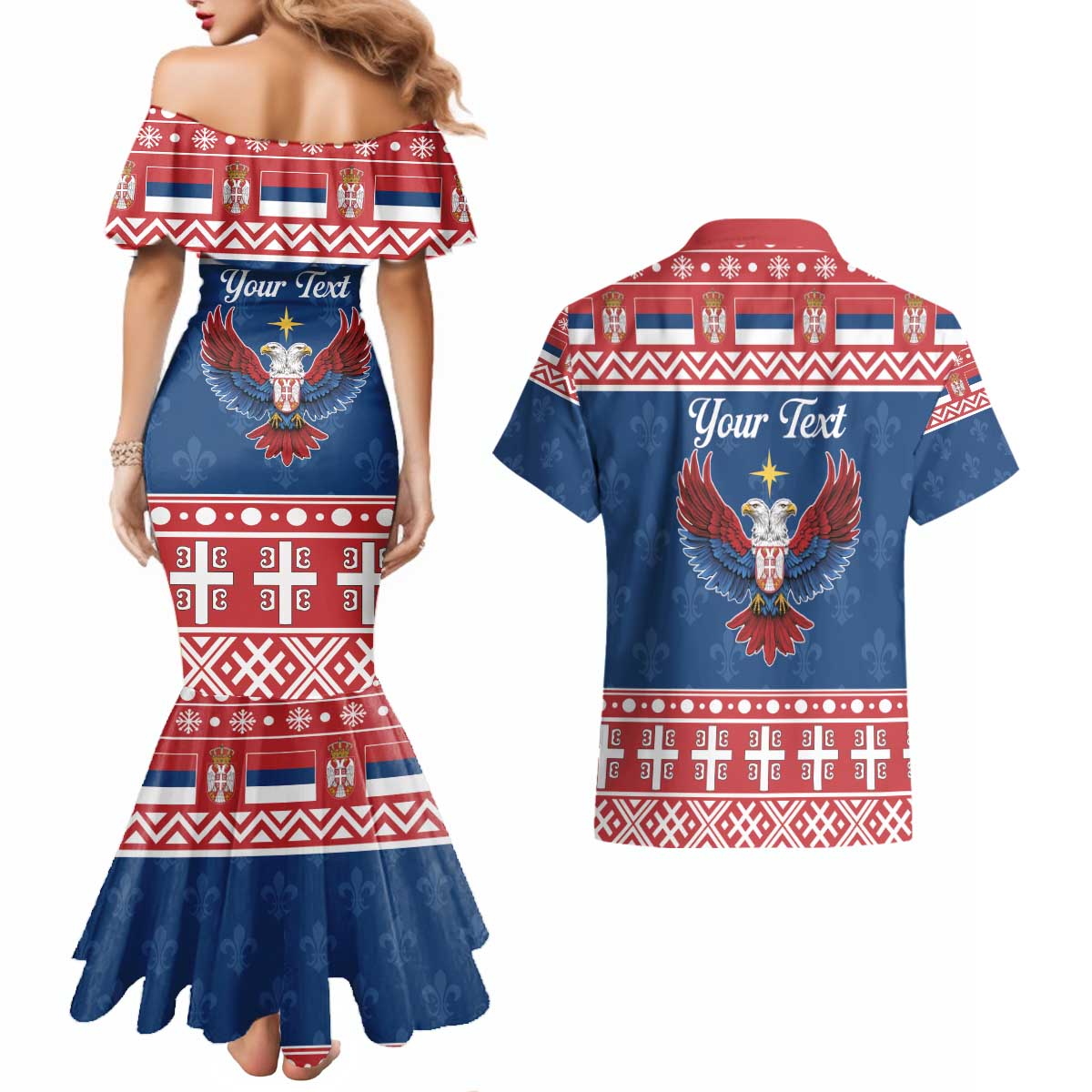 Personalized Serbia Christmas Eagle Couples Matching Mermaid Dress and Hawaiian Shirt Srecan Bozic Tee - Wonder Print Shop