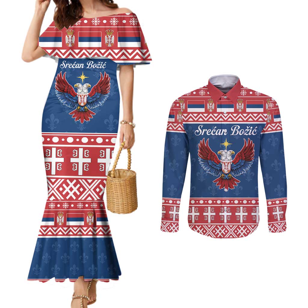 Personalized Serbia Christmas Eagle Couples Matching Mermaid Dress and Long Sleeve Button Shirt Srecan Bozic Tee - Wonder Print Shop