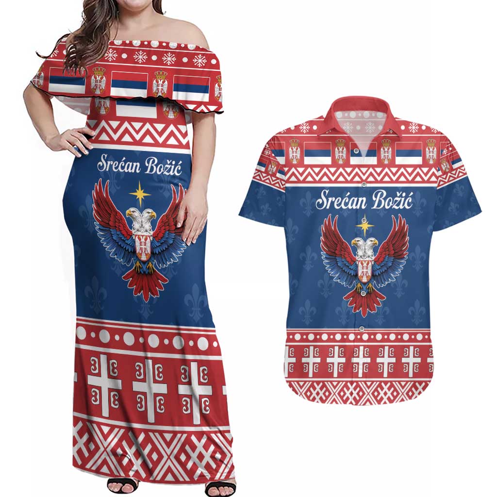 Personalized Serbia Christmas Eagle Couples Matching Off Shoulder Maxi Dress and Hawaiian Shirt Srecan Bozic Tee - Wonder Print Shop