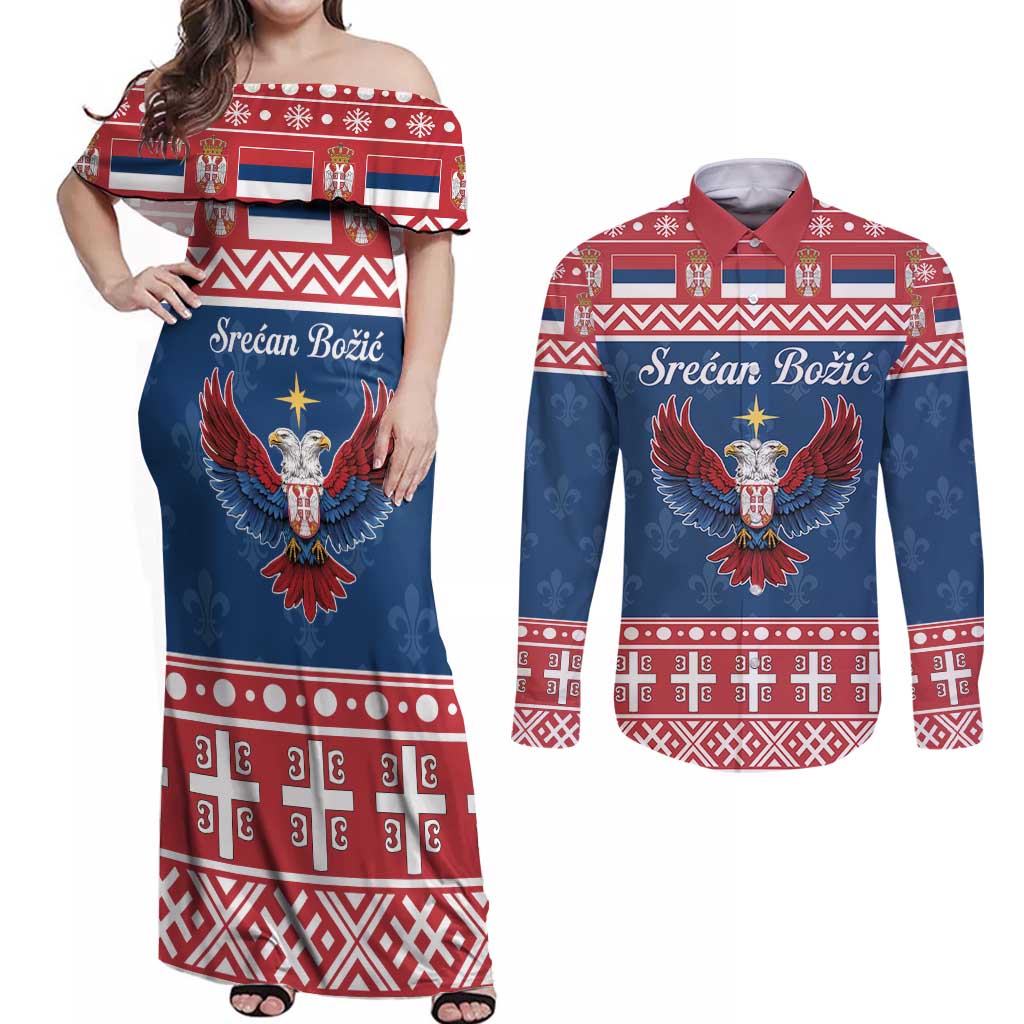 Personalized Serbia Christmas Eagle Couples Matching Off Shoulder Maxi Dress and Long Sleeve Button Shirt Srecan Bozic Tee - Wonder Print Shop