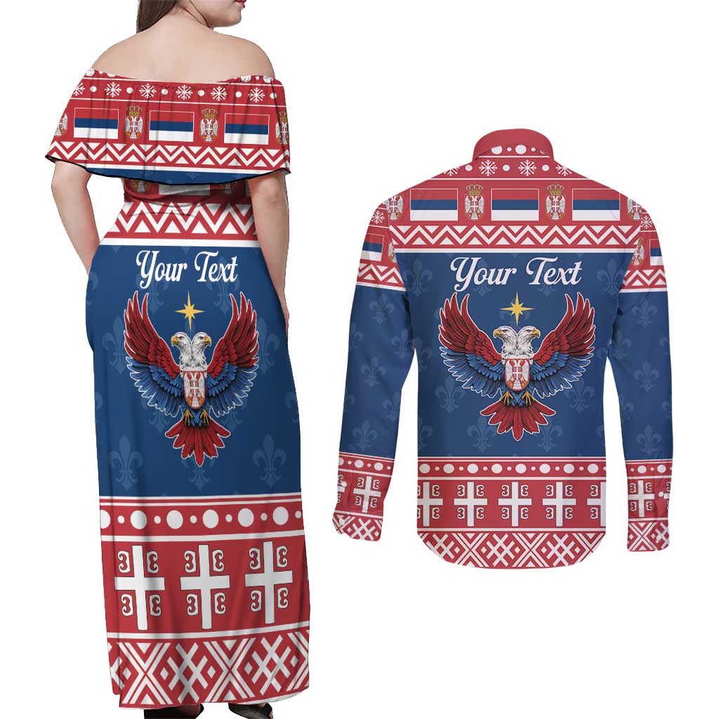 Personalized Serbia Christmas Eagle Couples Matching Off Shoulder Maxi Dress and Long Sleeve Button Shirt Srecan Bozic Tee - Wonder Print Shop