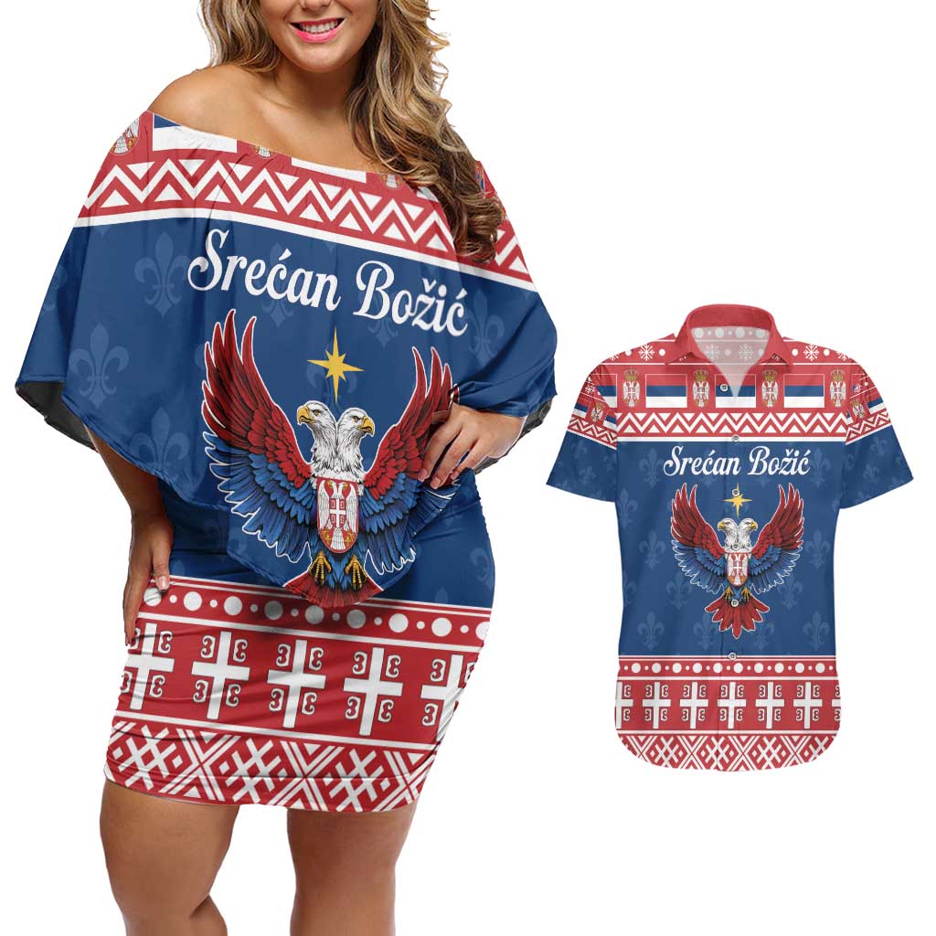 Personalized Serbia Christmas Eagle Couples Matching Off Shoulder Short Dress and Hawaiian Shirt Srecan Bozic Tee - Wonder Print Shop
