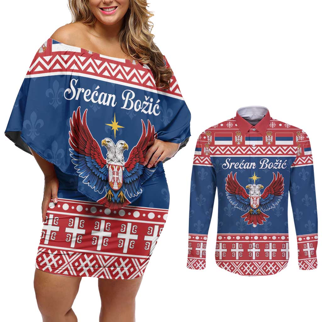 Personalized Serbia Christmas Eagle Couples Matching Off Shoulder Short Dress and Long Sleeve Button Shirt Srecan Bozic Tee - Wonder Print Shop