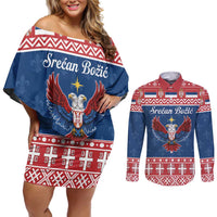 Personalized Serbia Christmas Eagle Couples Matching Off Shoulder Short Dress and Long Sleeve Button Shirt Srecan Bozic Tee - Wonder Print Shop