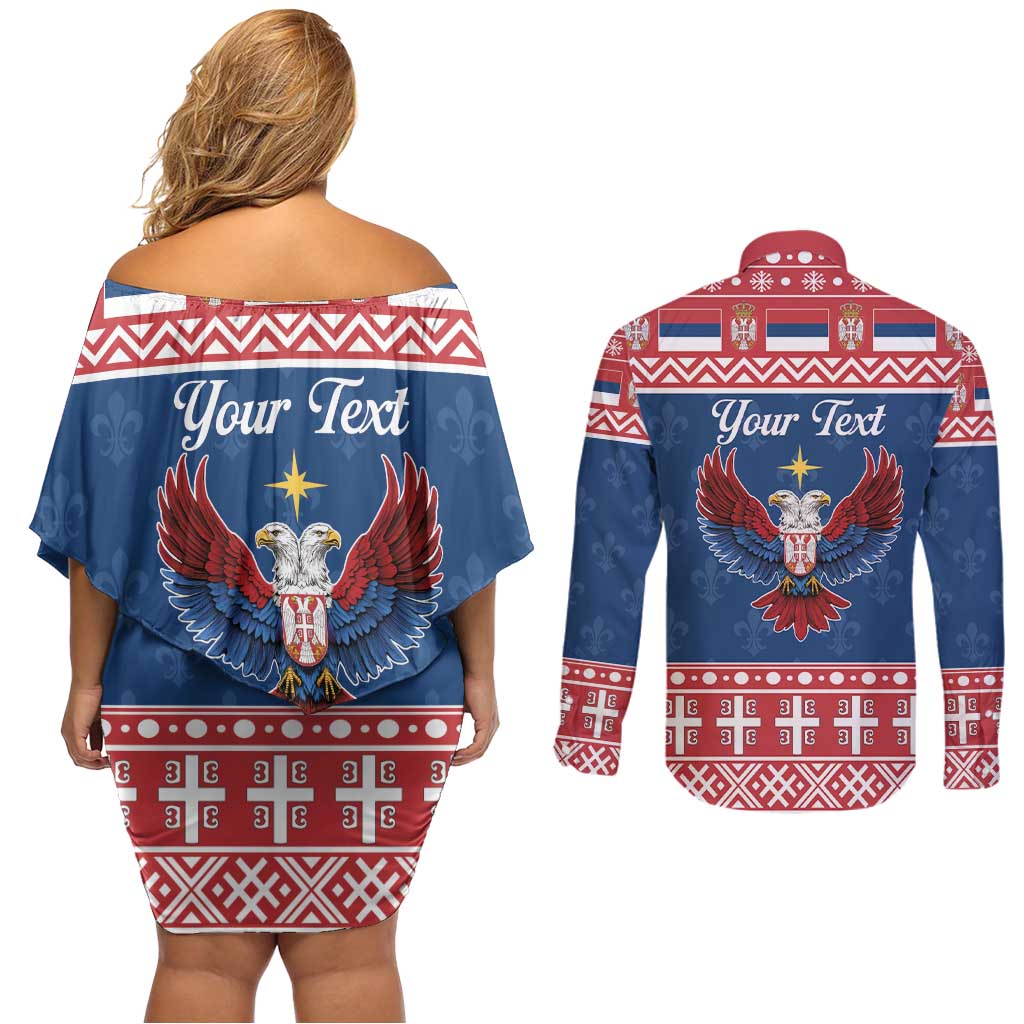 Personalized Serbia Christmas Eagle Couples Matching Off Shoulder Short Dress and Long Sleeve Button Shirt Srecan Bozic Tee - Wonder Print Shop