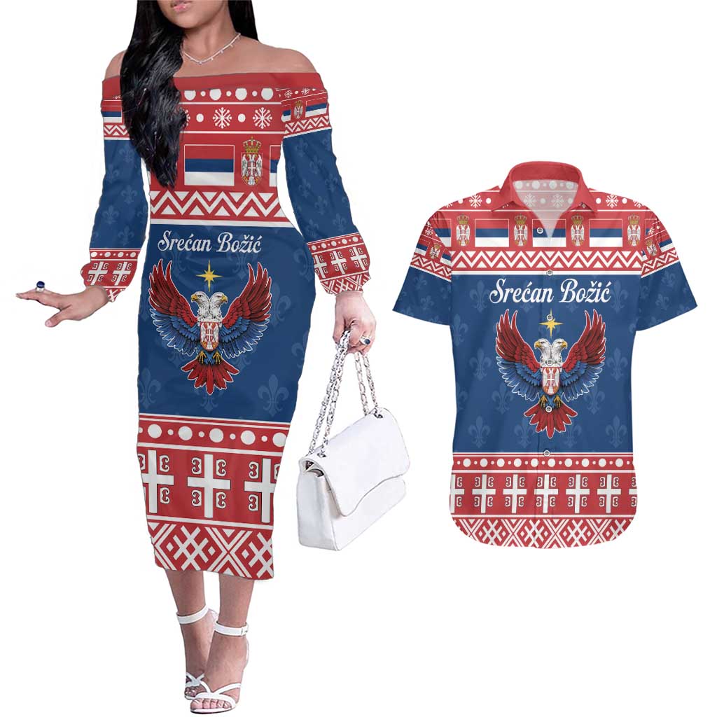 Personalized Serbia Christmas Eagle Couples Matching Off The Shoulder Long Sleeve Dress and Hawaiian Shirt Srecan Bozic Tee - Wonder Print Shop