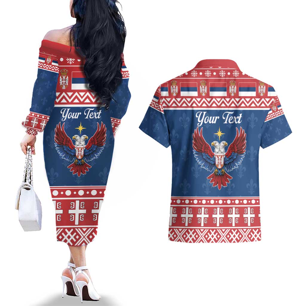 Personalized Serbia Christmas Eagle Couples Matching Off The Shoulder Long Sleeve Dress and Hawaiian Shirt Srecan Bozic Tee - Wonder Print Shop
