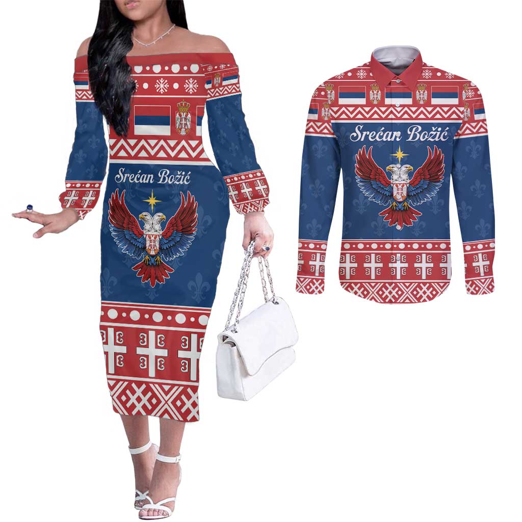 Personalized Serbia Christmas Eagle Couples Matching Off The Shoulder Long Sleeve Dress and Long Sleeve Button Shirt Srecan Bozic Tee - Wonder Print Shop