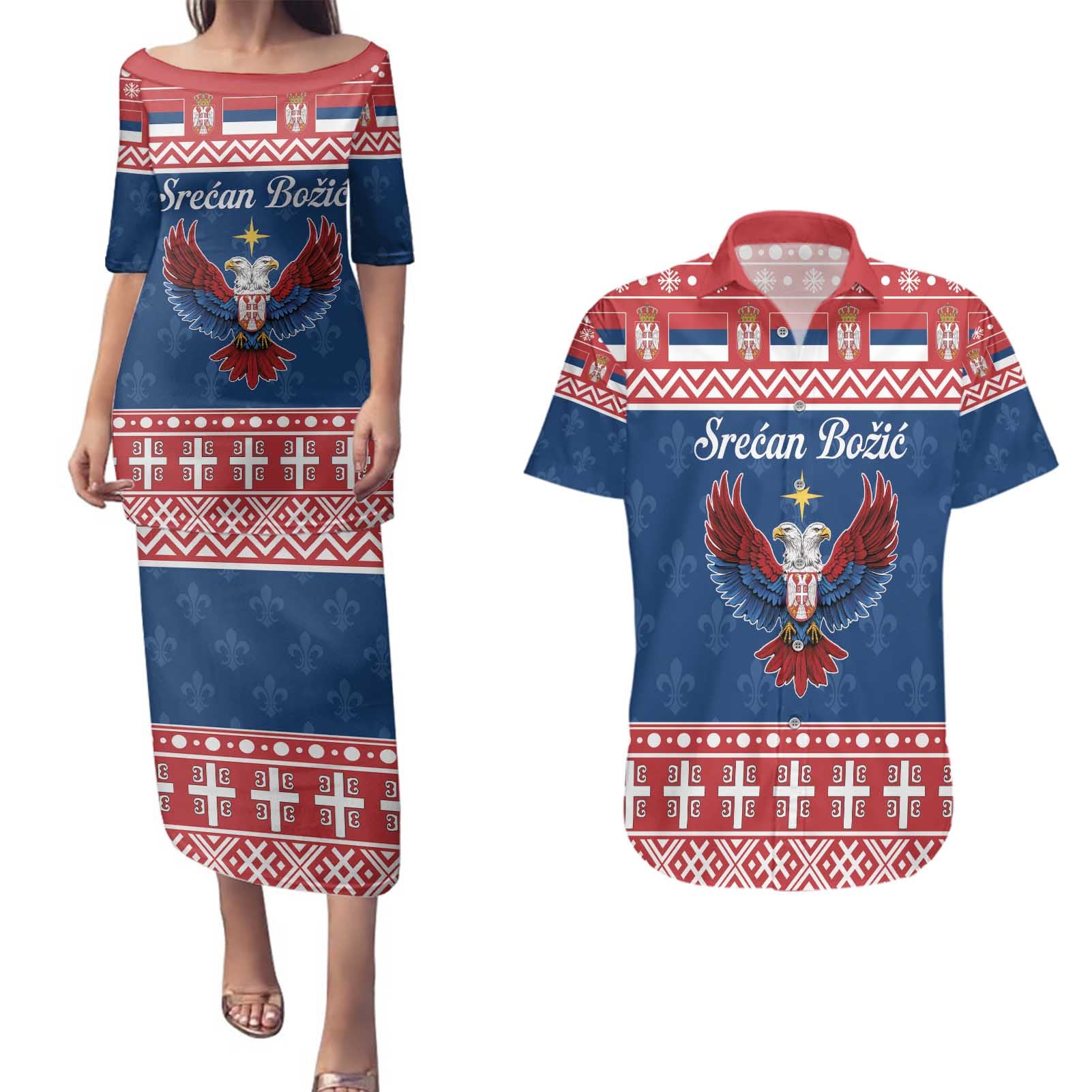Personalized Serbia Christmas Eagle Couples Matching Puletasi and Hawaiian Shirt Srecan Bozic Tee - Wonder Print Shop