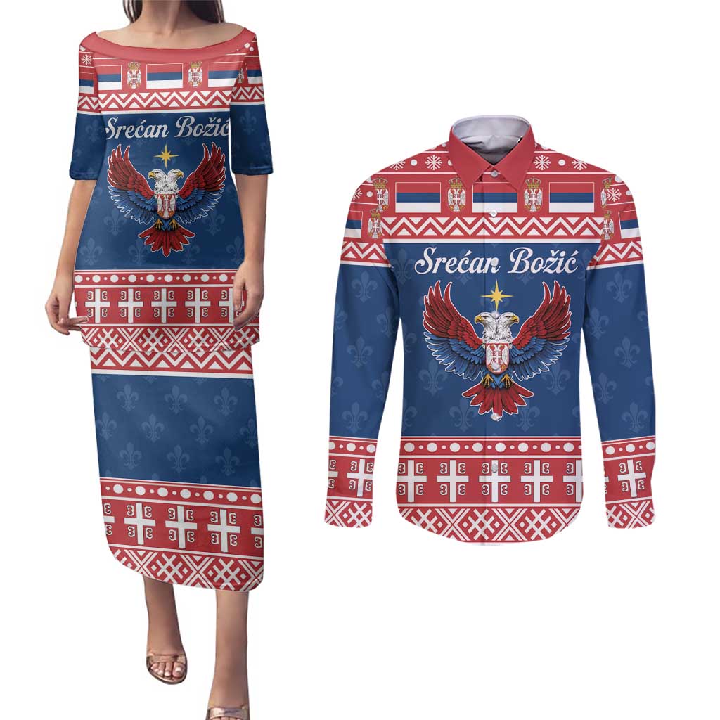 Personalized Serbia Christmas Eagle Couples Matching Puletasi and Long Sleeve Button Shirt Srecan Bozic Tee - Wonder Print Shop