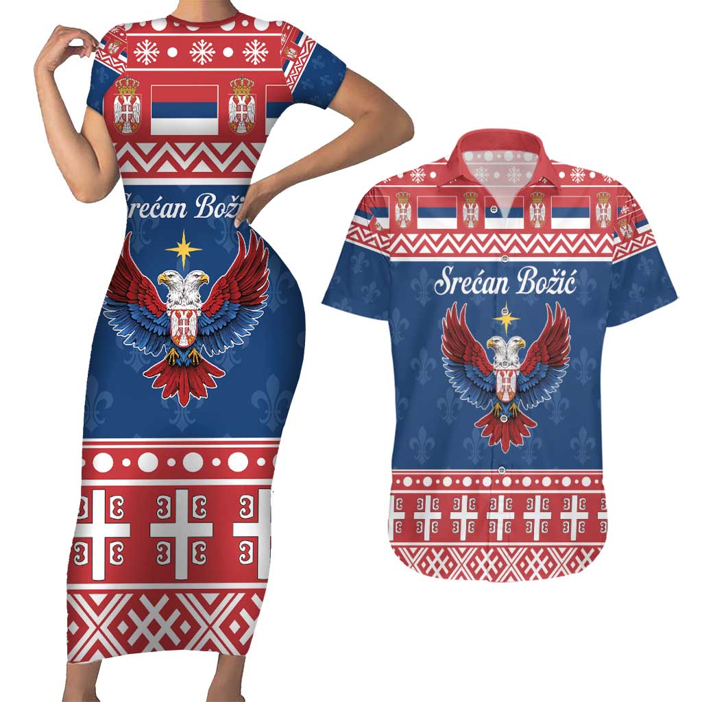 Personalized Serbia Christmas Eagle Couples Matching Short Sleeve Bodycon Dress and Hawaiian Shirt Srecan Bozic Tee - Wonder Print Shop