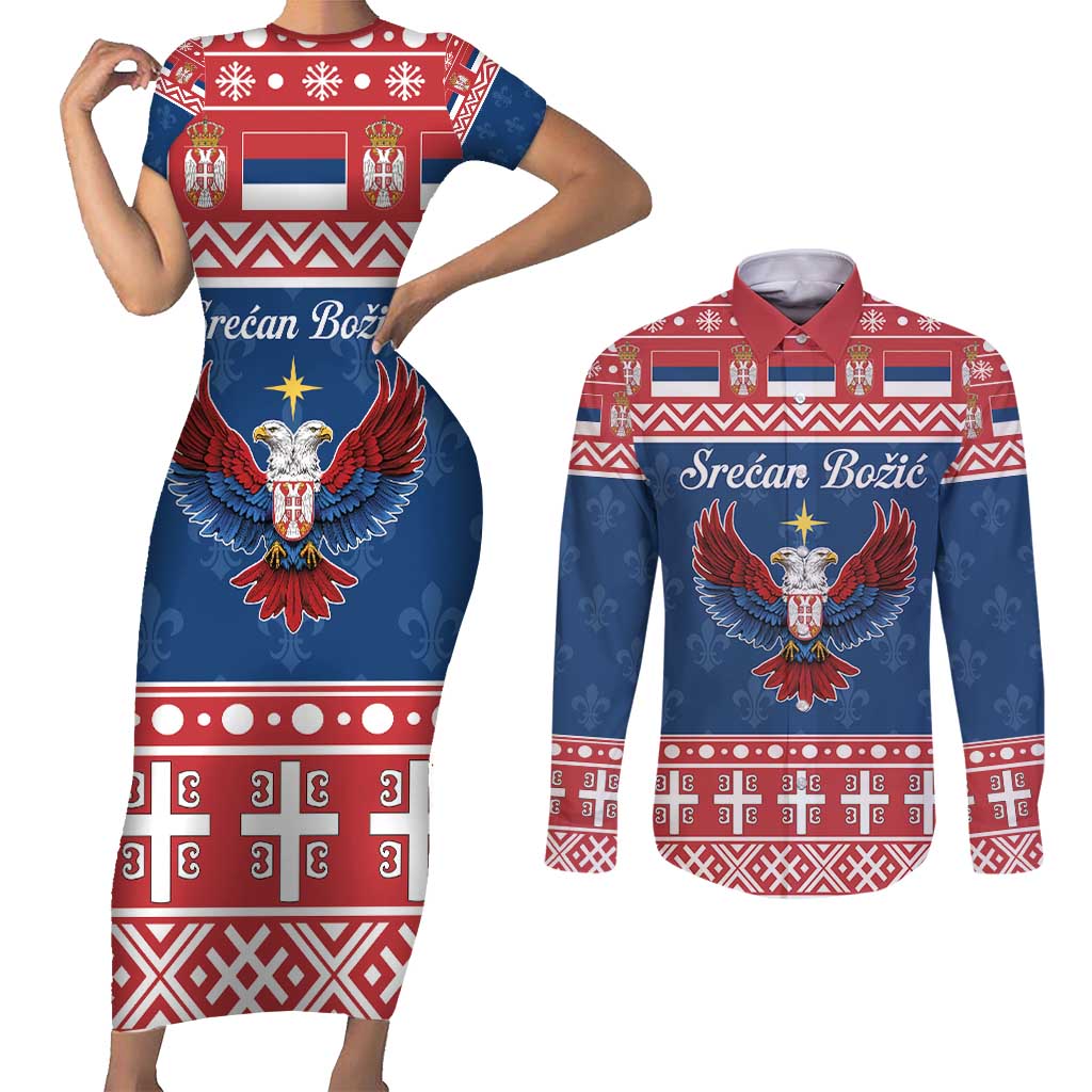 Personalized Serbia Christmas Eagle Couples Matching Short Sleeve Bodycon Dress and Long Sleeve Button Shirt Srecan Bozic Tee - Wonder Print Shop