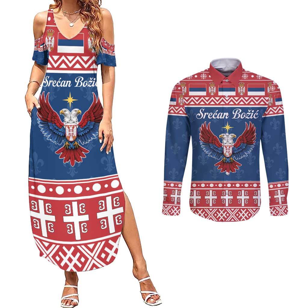 Personalized Serbia Christmas Eagle Couples Matching Summer Maxi Dress and Long Sleeve Button Shirt Srecan Bozic Tee - Wonder Print Shop