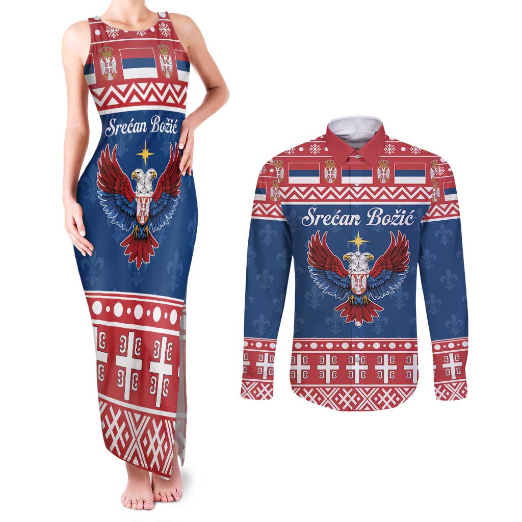 Personalized Serbia Christmas Eagle Couples Matching Tank Maxi Dress and Long Sleeve Button Shirt Srecan Bozic Tee - Wonder Print Shop