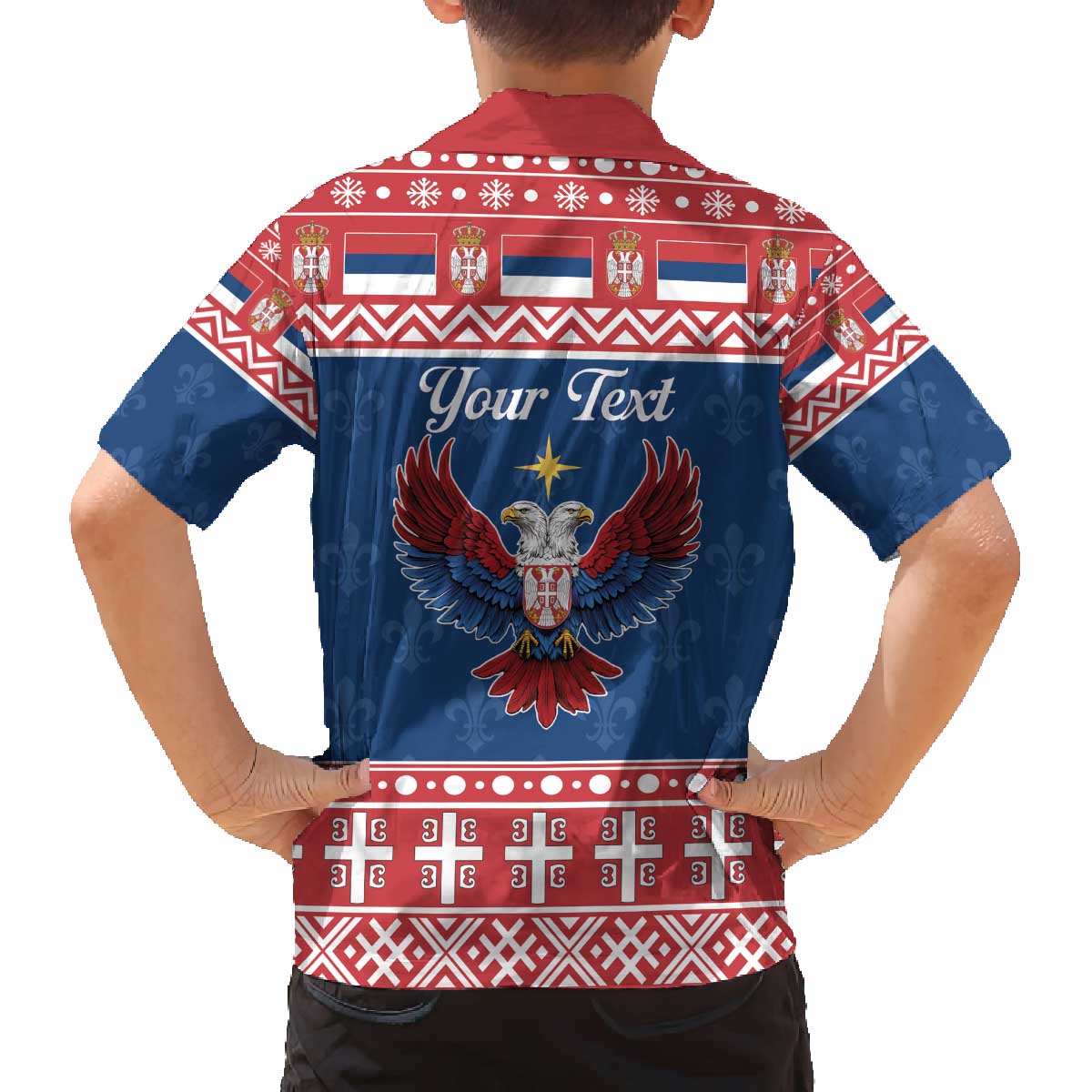 Personalized Serbia Christmas Eagle Family Matching Off The Shoulder Long Sleeve Dress and Hawaiian Shirt Srecan Bozic Tee - Wonder Print Shop