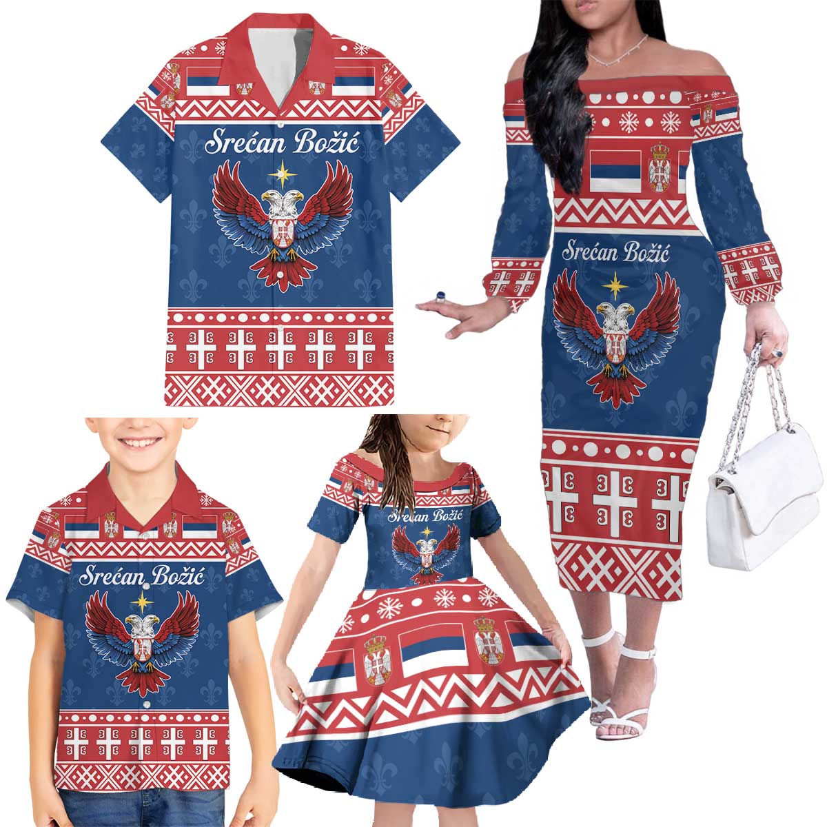 Personalized Serbia Christmas Eagle Family Matching Off The Shoulder Long Sleeve Dress and Hawaiian Shirt Srecan Bozic Tee - Wonder Print Shop