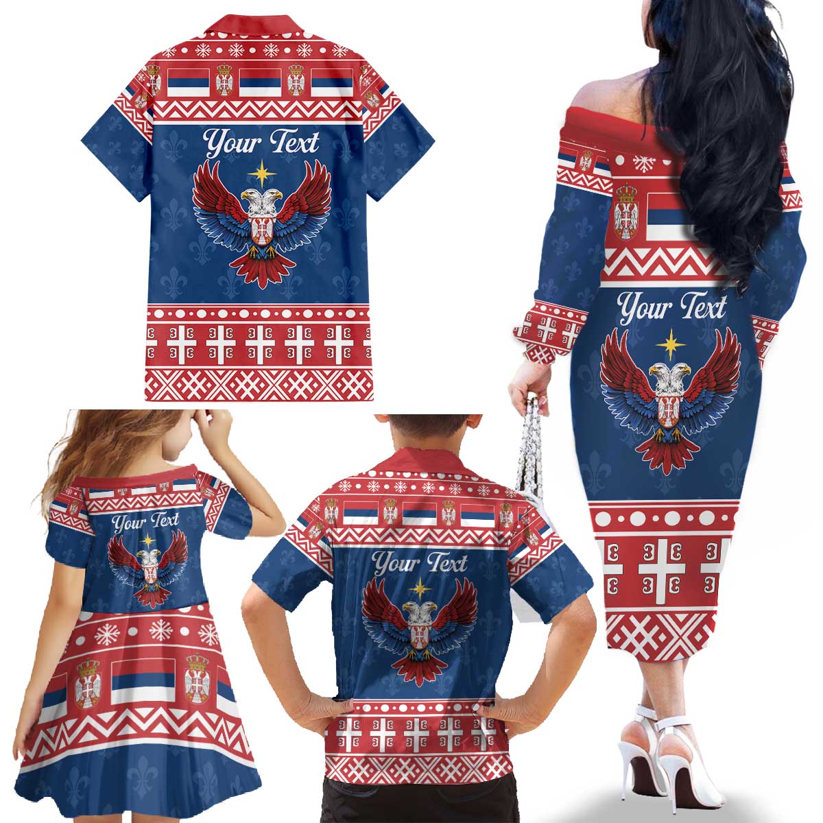 Personalized Serbia Christmas Eagle Family Matching Off The Shoulder Long Sleeve Dress and Hawaiian Shirt Srecan Bozic Tee - Wonder Print Shop