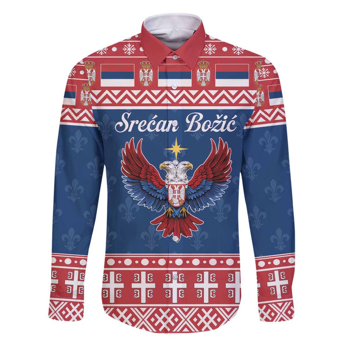 Personalized Serbia Christmas Eagle Family Matching Off The Shoulder Long Sleeve Dress and Hawaiian Shirt Srecan Bozic Tee - Wonder Print Shop