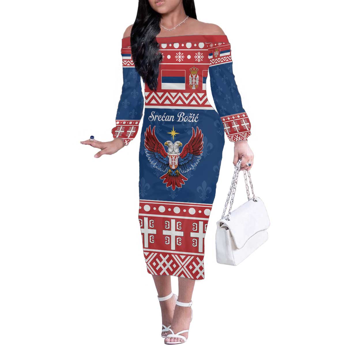 Personalized Serbia Christmas Eagle Family Matching Off The Shoulder Long Sleeve Dress and Hawaiian Shirt Srecan Bozic Tee - Wonder Print Shop