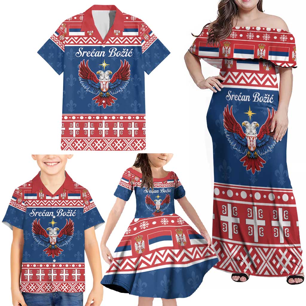 Personalized Serbia Christmas Eagle Family Matching Off Shoulder Maxi Dress and Hawaiian Shirt Srecan Bozic Tee - Wonder Print Shop