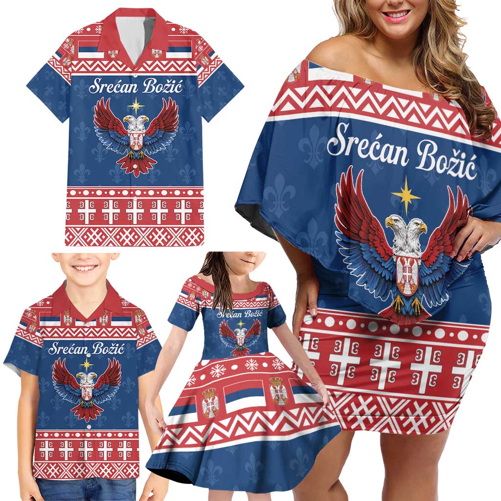 Personalized Serbia Christmas Eagle Family Matching Off Shoulder Short Dress and Hawaiian Shirt Srecan Bozic Tee - Wonder Print Shop