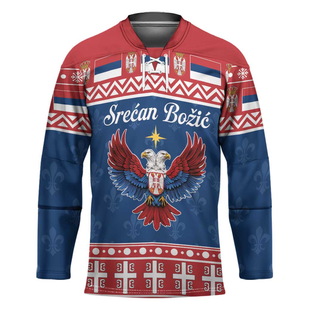 Personalized Serbia Christmas Eagle Hockey Jersey Srecan Bozic Tee - Wonder Print Shop