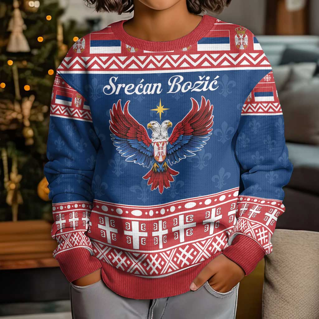 Personalized Serbia Christmas Eagle Kid Ugly Christmas Sweater Srecan Bozic Tee - Wonder Print Shop