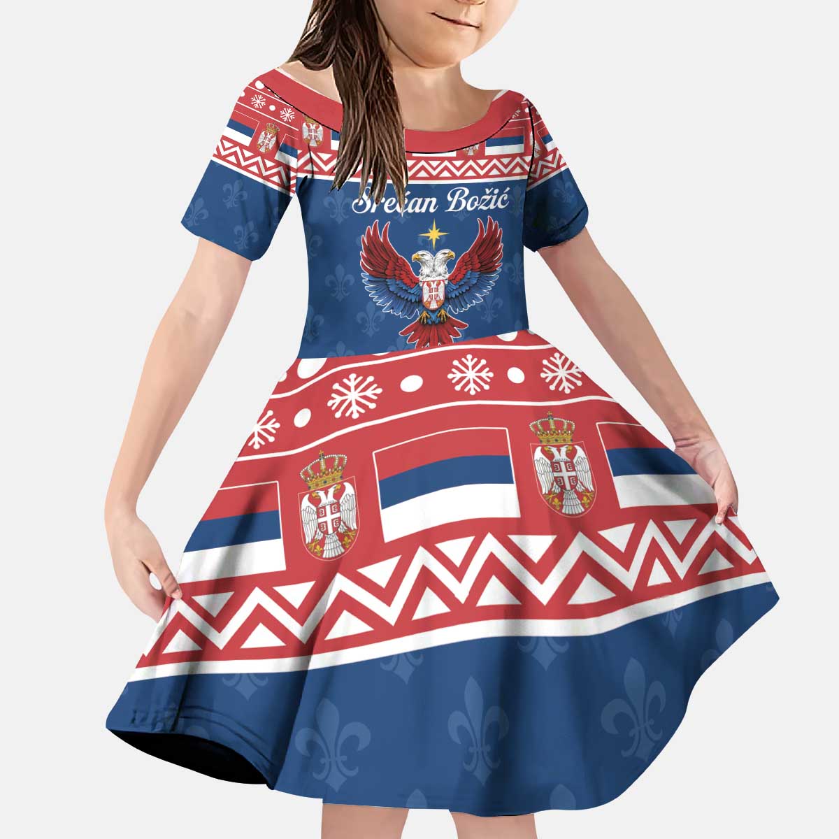 Personalized Serbia Christmas Eagle Kid Short Sleeve Dress Srecan Bozic Tee - Wonder Print Shop