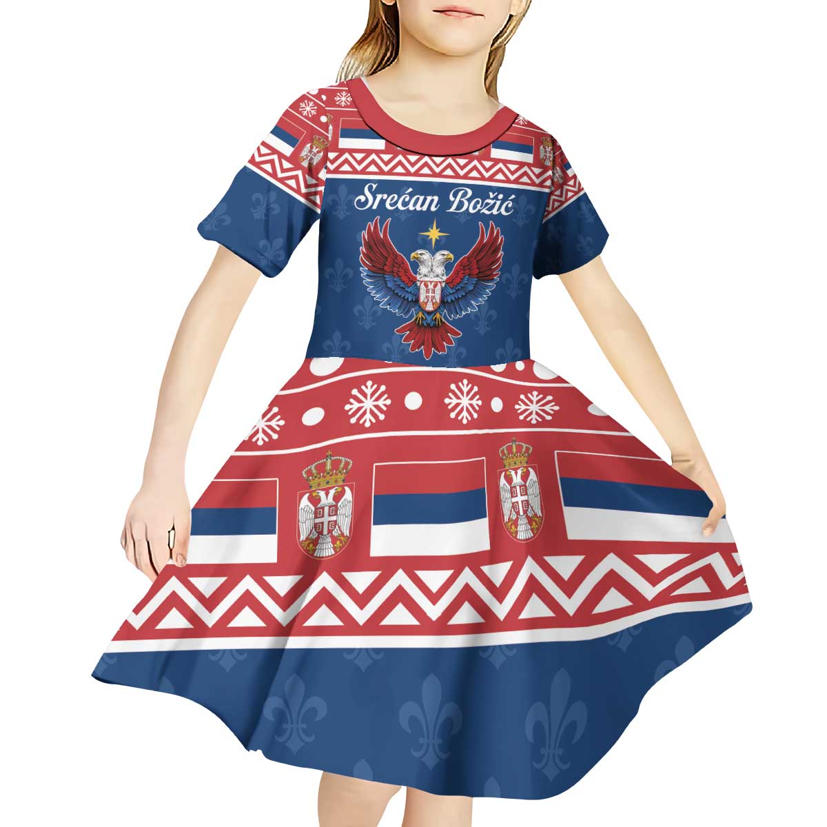 Personalized Serbia Christmas Eagle Kid Short Sleeve Dress Srecan Bozic Tee - Wonder Print Shop