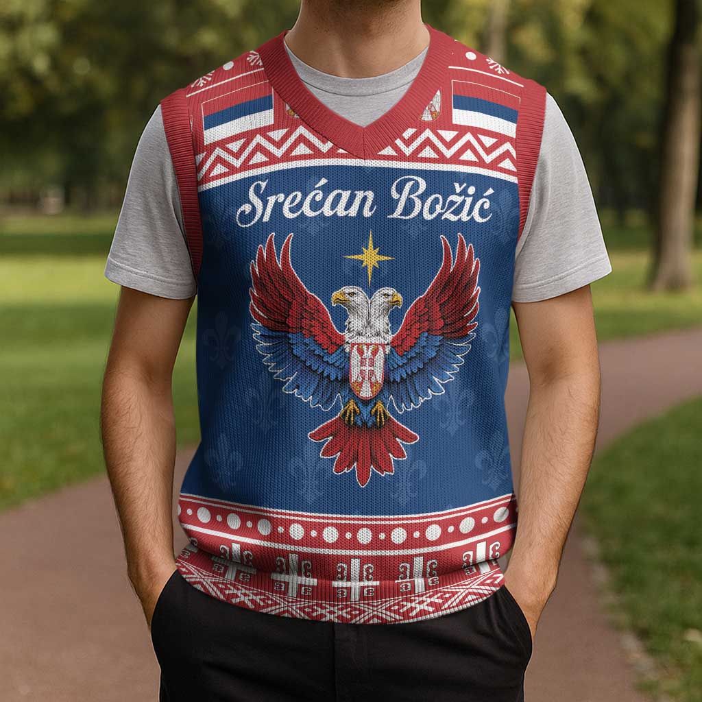 Personalized Serbia Christmas Eagle Christmas Knitted V-Neck Vest Srecan Bozic Tee - Wonder Print Shop