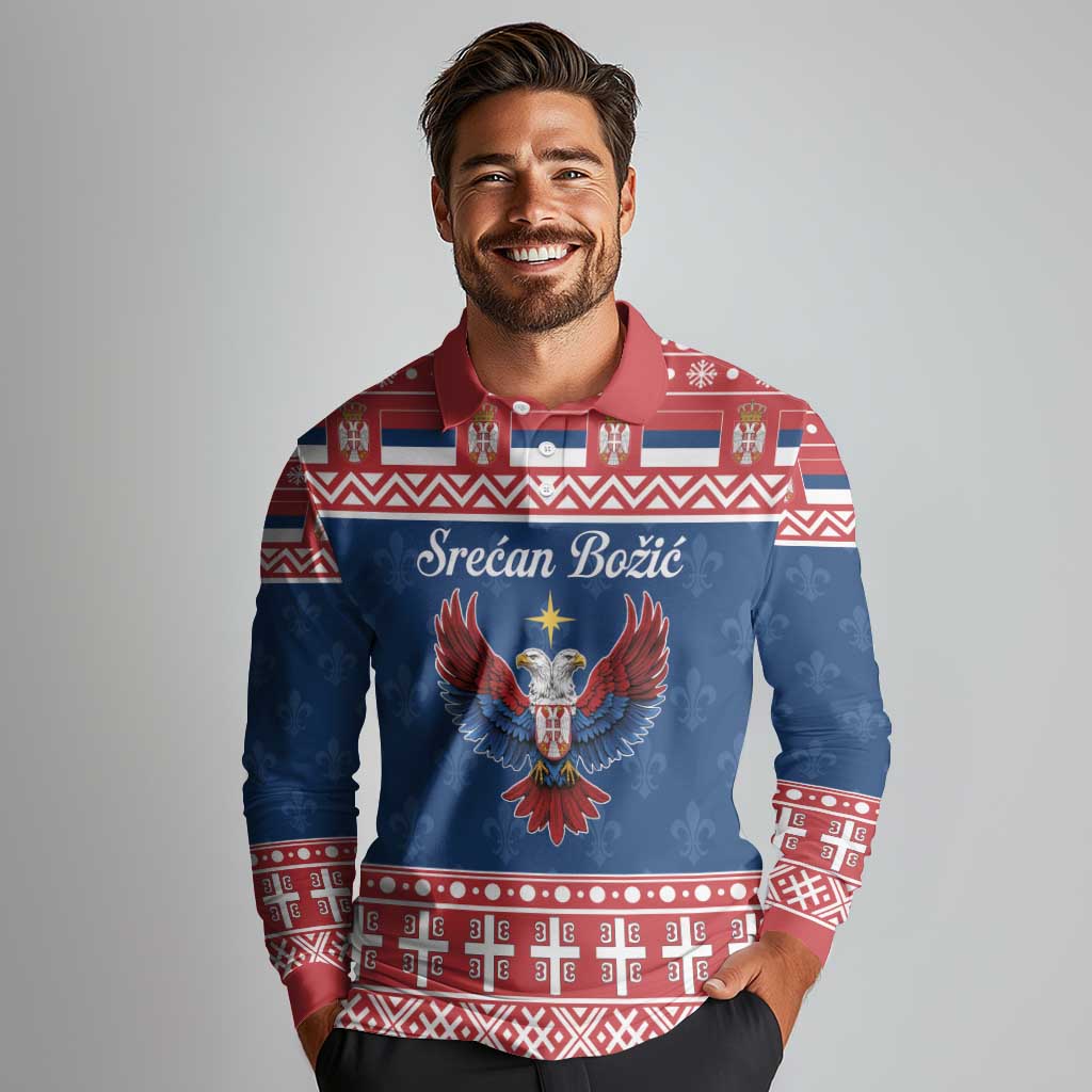 Personalized Serbia Christmas Eagle Long Sleeve Polo Shirt Srecan Bozic Tee - Wonder Print Shop