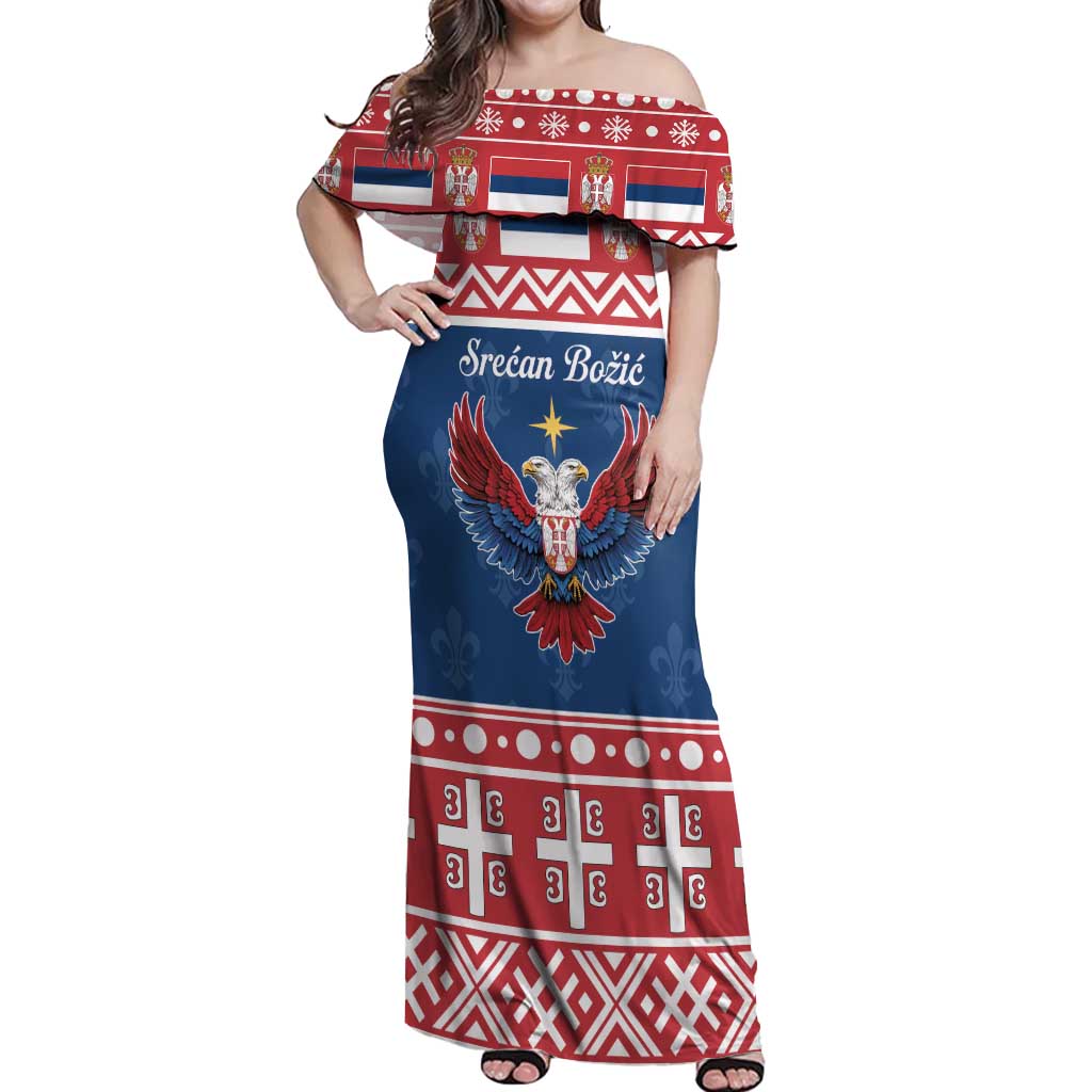 Personalized Serbia Christmas Eagle Off Shoulder Maxi Dress Srecan Bozic Tee - Wonder Print Shop