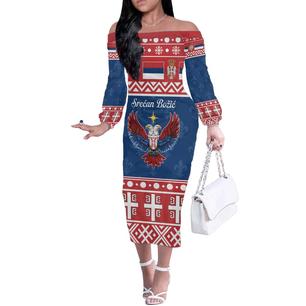 Personalized Serbia Christmas Eagle Off The Shoulder Long Sleeve Dress Srecan Bozic Tee - Wonder Print Shop