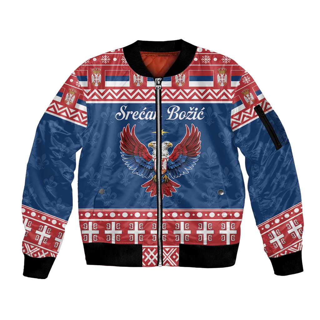 Personalized Serbia Christmas Eagle Sleeve Zip Bomber Jacket Srecan Bozic Tee - Wonder Print Shop