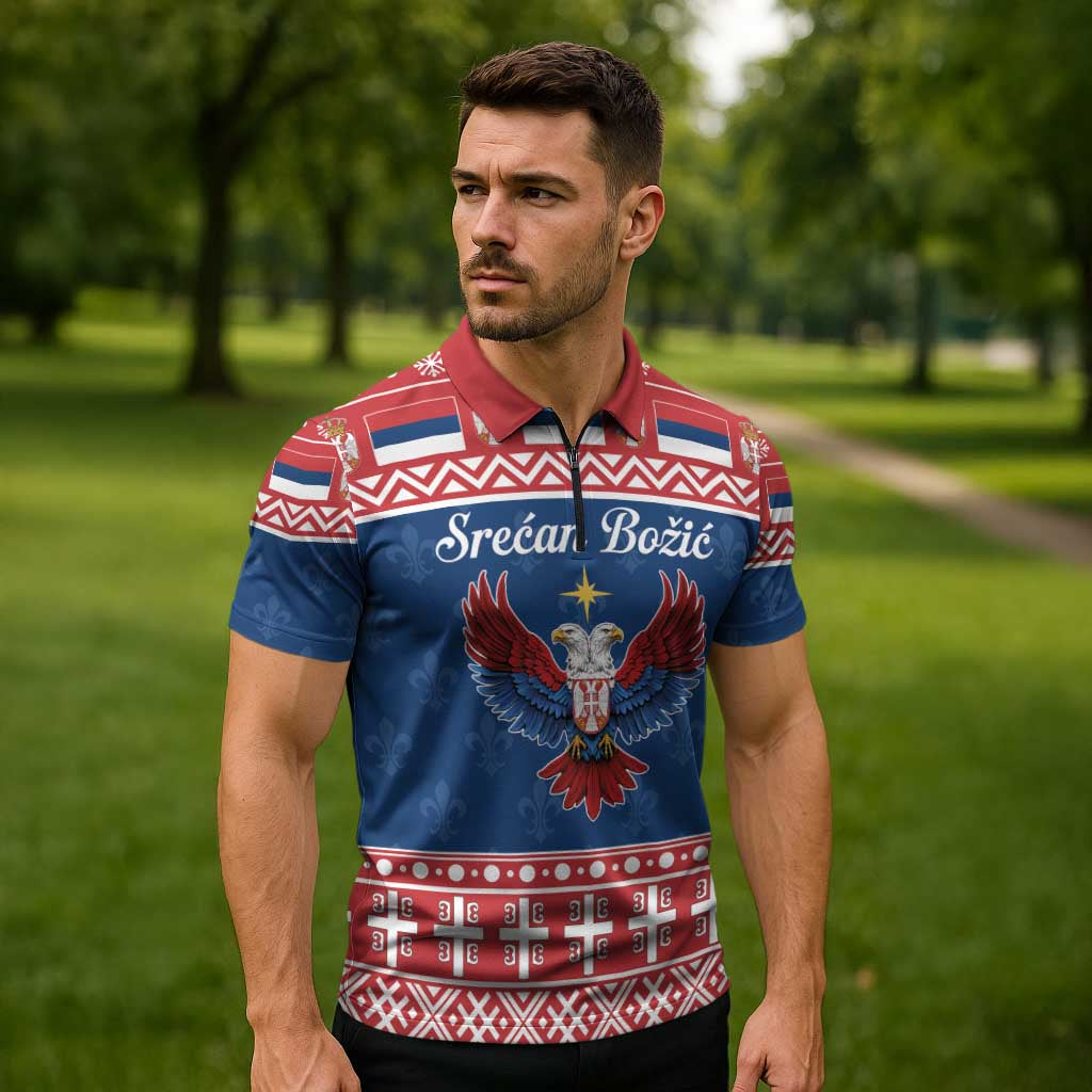 Personalized Serbia Christmas Eagle Zipper Polo Shirt Srecan Bozic Tee - Wonder Print Shop