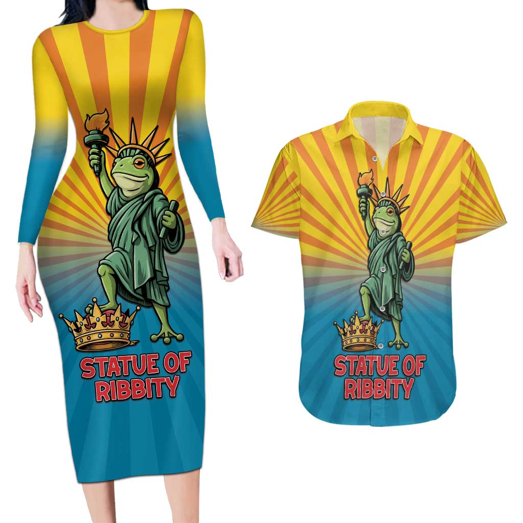 Lady Liberty Portland Frog Couples Matching Long Sleeve Bodycon Dress and Hawaiian Shirt Frog Protest No Kings In America - Wonder Print Shop