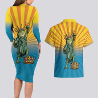 Lady Liberty Portland Frog Couples Matching Long Sleeve Bodycon Dress and Hawaiian Shirt Frog Protest No Kings In America - Wonder Print Shop