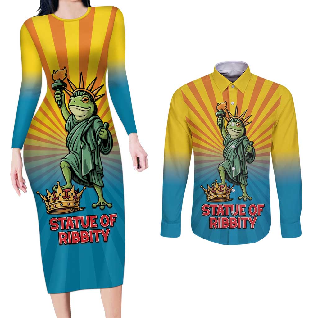 Lady Liberty Portland Frog Couples Matching Long Sleeve Bodycon Dress and Long Sleeve Button Shirt Frog Protest No Kings In America - Wonder Print Shop