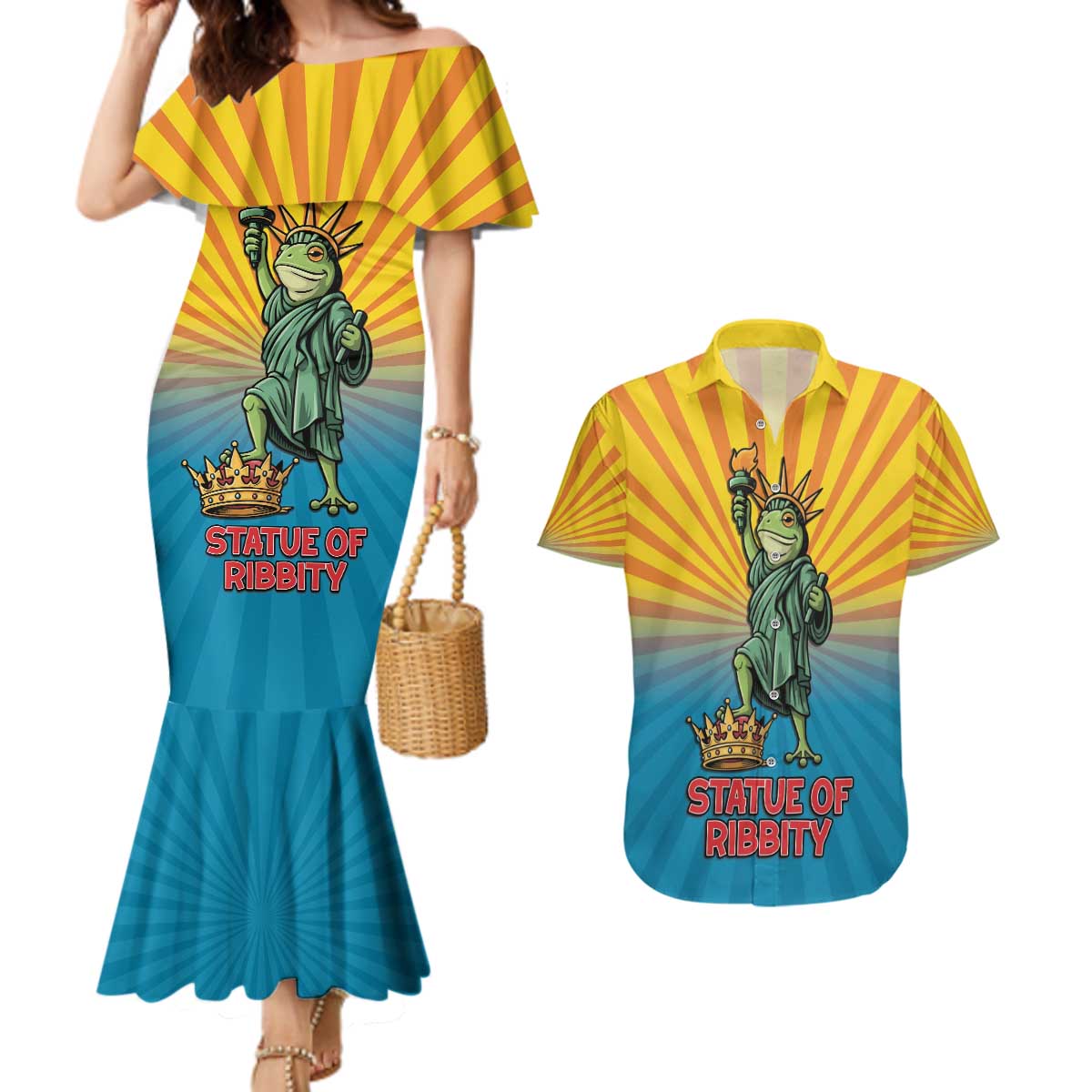 Lady Liberty Portland Frog Couples Matching Mermaid Dress and Hawaiian Shirt Frog Protest No Kings In America - Wonder Print Shop
